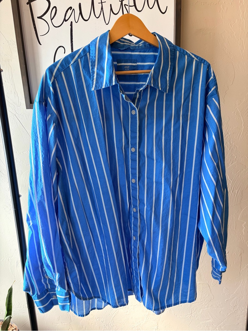 aerie Women’s Blue & White Striped Good Day Button-Down Preppy Shirt Size XL